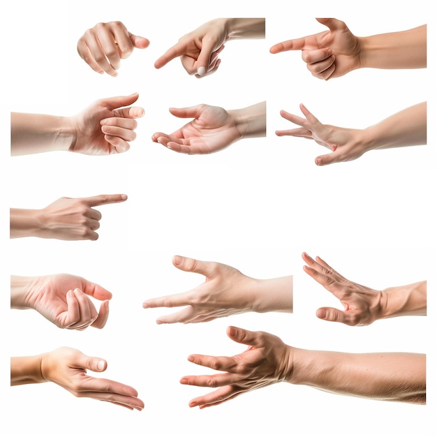 Multiple female caucasian hand gestures isolated over the white background set of multiple images