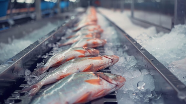 Multiple fresh fish displayed on ice ready for processing in a modern fishery