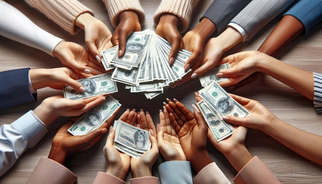 Photo multiple hands of diverse ethnicities reach towards a central pile of us dollar bills concept wealth financial success teamwork diversity and inclusion in business