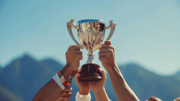 multiple hands holding up a trophy against a clear sky symbolizing victory achievement or success in a competition or challenge