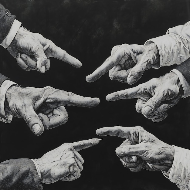 Multiple Hands Pointing at Each Other Black and White Artistic Representation No Specific Location