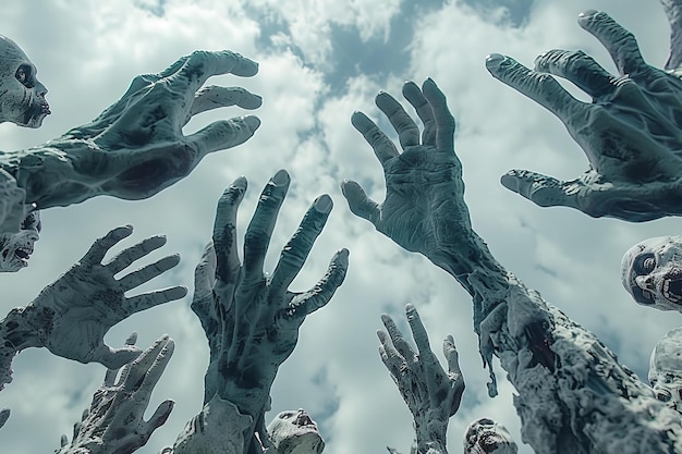 Of multiple hands reaching out sky background grey color horror scary halloween vibe