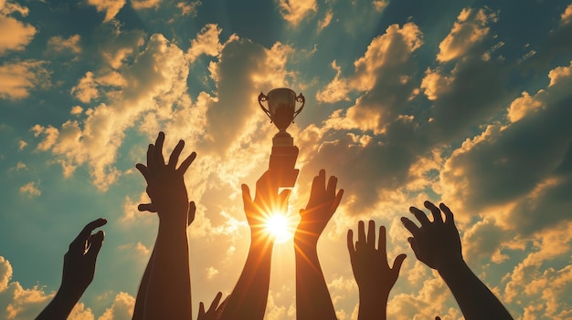 Multiple hands reaching towards a trophy against a backdrop of a dramatic sky with the sun beaming through symbolizing victory success achievement teamwork and celebration