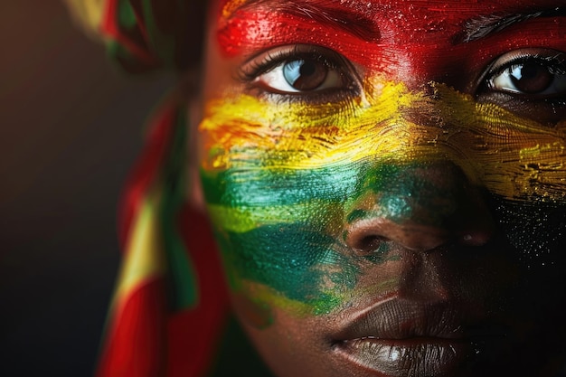 Multiple human faces painted with Bolivia flag