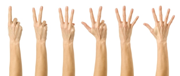 Multiple images set of female caucasian hand with french manicure counting from one to five