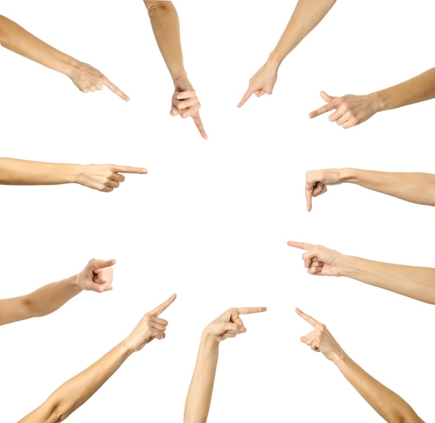 Multiple images set of female caucasian hand with french manicure showing Pointing gesture