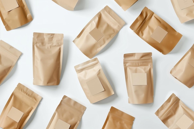 Multiple kraft paper pouches with blank labels arranged on a white background for branding