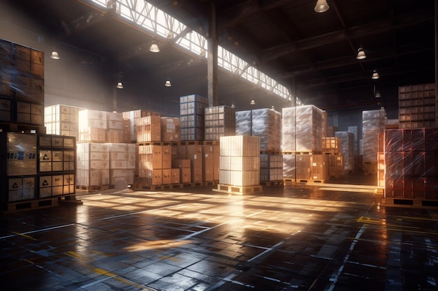 Multiple pallets and boxes are in the warehouse in large scale with Generative AI