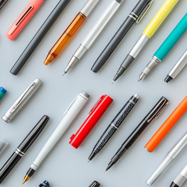 Photo multiple pens on light grey desk overhead view editorial photography