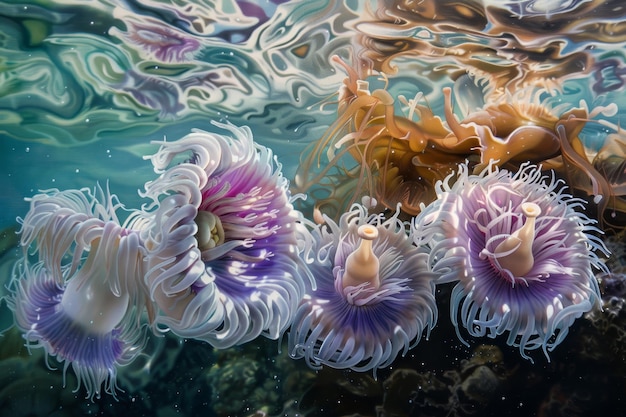 Photo multiple sea anemones with waving tentacles in gentle current anemones waving their tentacles in the gentle currents