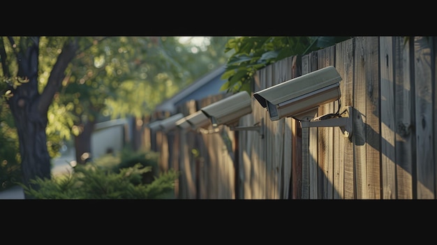 Multiple security cameras installed along the perimeter fence of a residential area