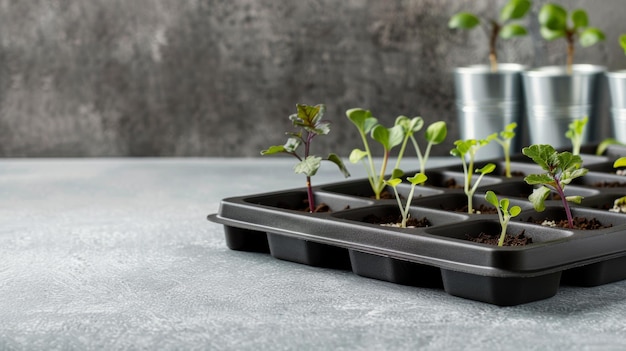 Photo multiple seedlings in a black plastic tray indicating growth and vitality against a minimalist textured gray background