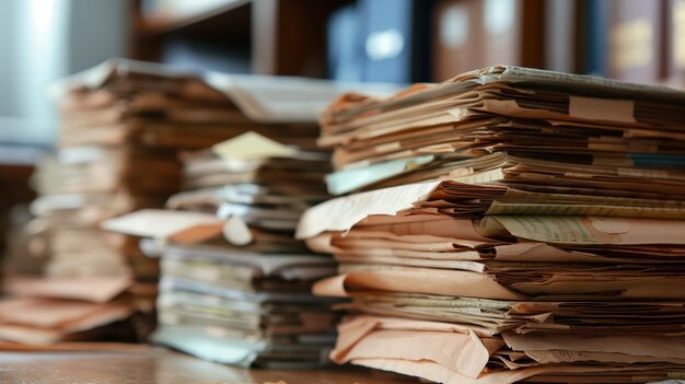 Multiple stacks of disorganized paperwork pile up on a wooden desk suggesting a busy work environment