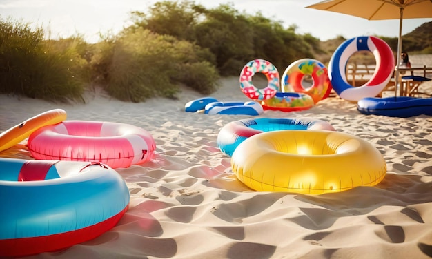 multiple swim inflatable rings arranged in a pool or on a sandy beach