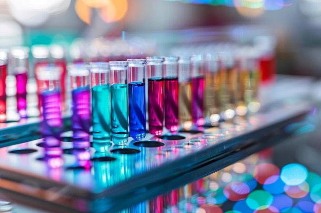 Multiple test tubes filled with various colored liquids lined up in a row Creating personalized treatment plans based on genetic and biometric data