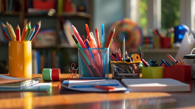 Multiple writing tools in a holder on a table