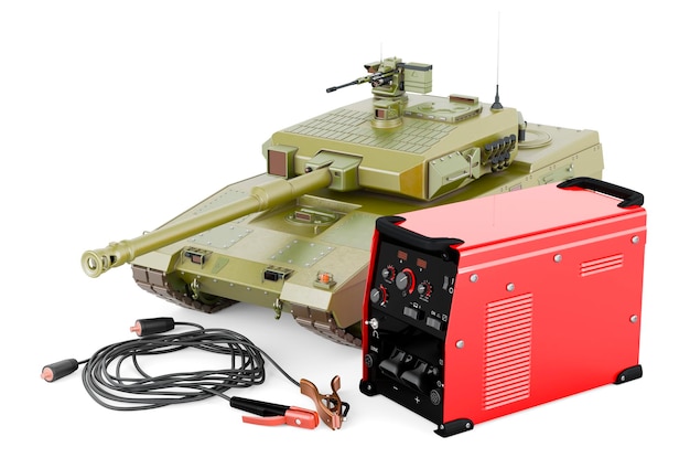 Multiprocess welder machine with battle tank repair concept 3D rendering