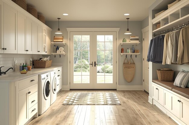 A multipurpose laundry room and mudroom