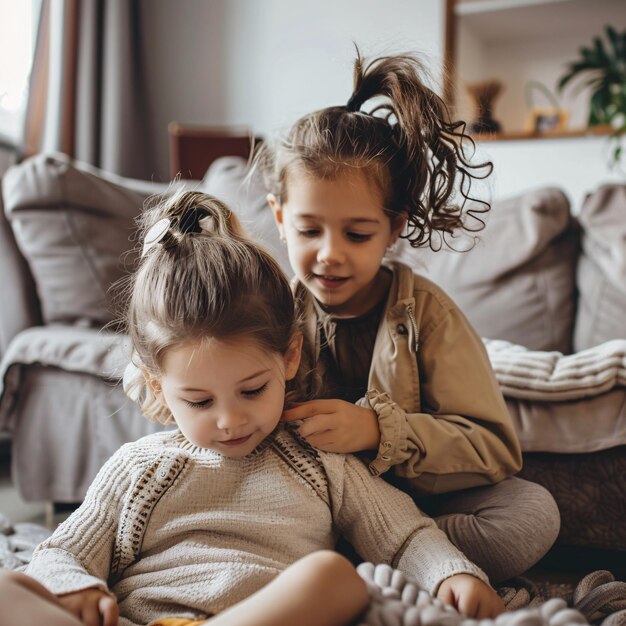 multirace sisters playing quietly in the living room