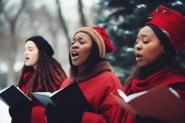 Multiracial choir singing Group beautiful women vocalizing festive song Generate AI