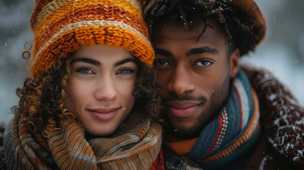 A multiracial couple faces filled with love and joy share a warm hug outdoors