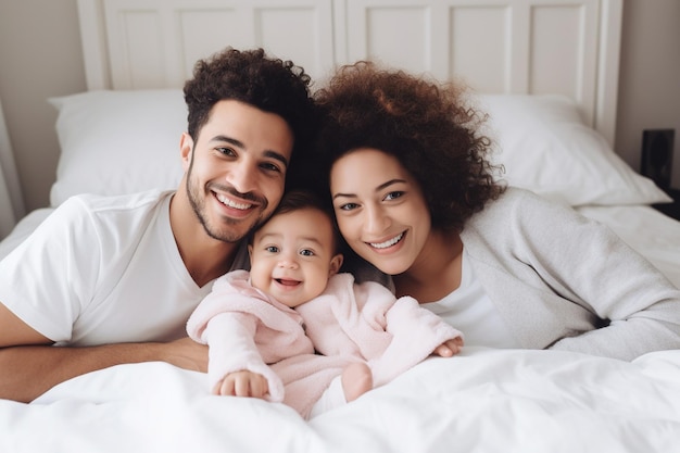 Multiracial diverse young family couple playing with cute baby child in bed holding infant kid girl Happy multiethnic parents having fun in the morning lifting small daughter in bedroom at home