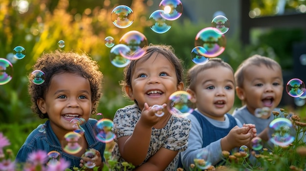 Multiracial friends gleefully immersed in a sea of floating bubbles capturing the essence of joy