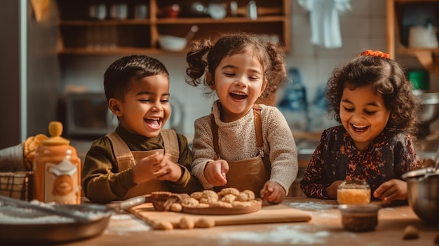 Multiracial friends happily making cookies in the kitchen sharing culinary delights