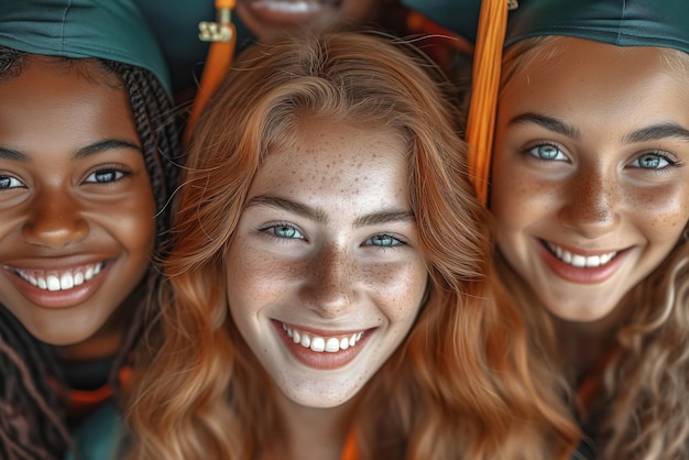 Photo multiracial graduates smiling closely