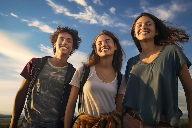 A multiracial group of friends take a selfie on a city street