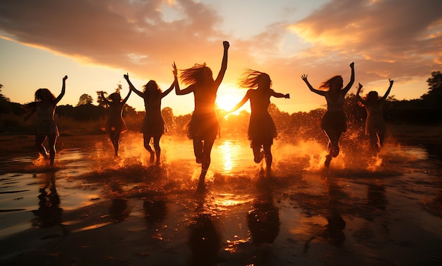 Multiracial group of people with raised arms looking at sunset Backlight shot Happiness success