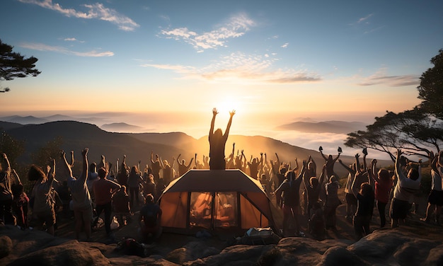 Multiracial group of people with raised arms looking at sunset Backlight shot Happiness success