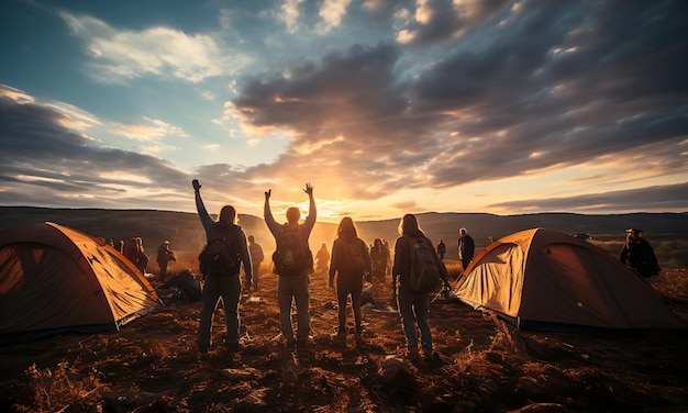 Multiracial group of people with raised arms looking at sunset Backlight shot Happiness success