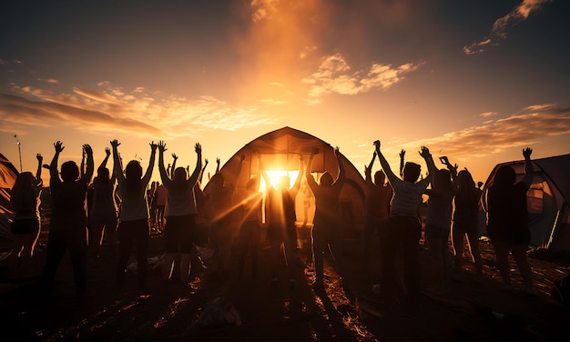 Multiracial group of people with raised arms looking at sunset Backlight shot Happiness success