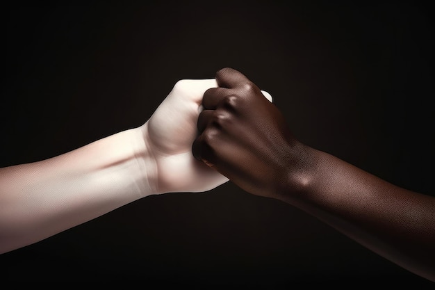 Multiracial hands together forming a pile over dark background Generative ai