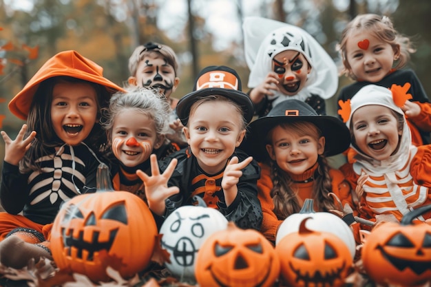 Multiracial kindergarten kids smiling in mosaic portrait as grim reaper emerges from dark smoke