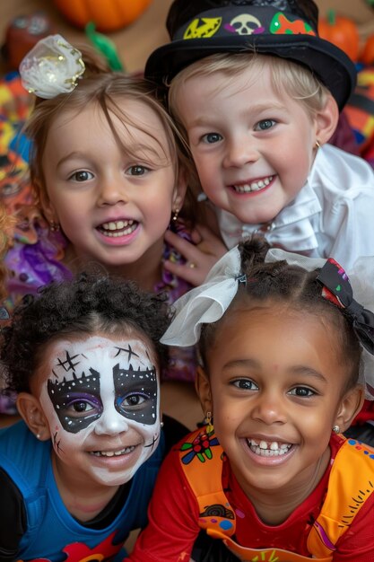 Photo multiracial kindergarten portraits with grim reaper in eerie setting happy children in mosaic