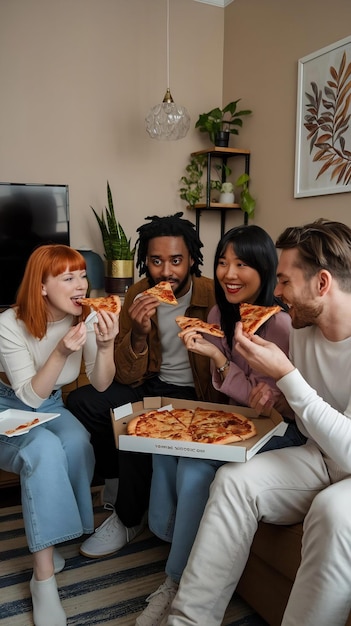 Photo multiracial roommates eating slice of pizza