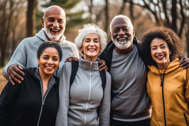 Multiracial senior friends having fun after doing sports in the park