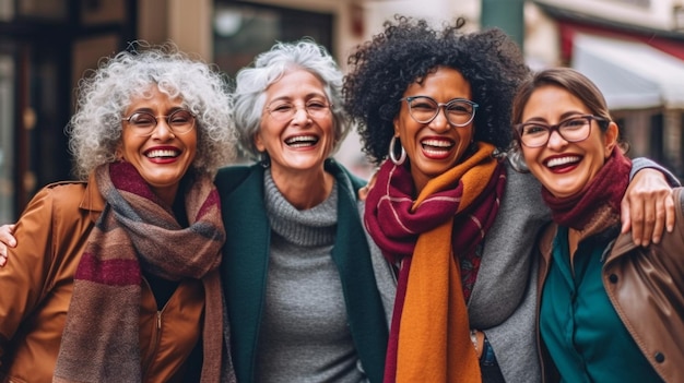 Multiracial Senior Women Enjoying Outdoors on a City Street Generative AI