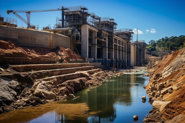 Multistorey building under construction by the river with a backdrop of forest and blue sky