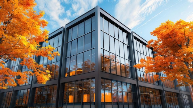 A multistory glass building surrounded by vibrant autumn trees