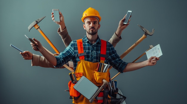 Multitasking Construction Worker with Tools and Smartphones