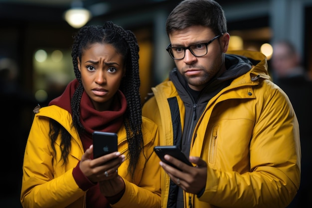 Multitracial couple receives news on the cell phone Furious woman asks her boyfri generative IA