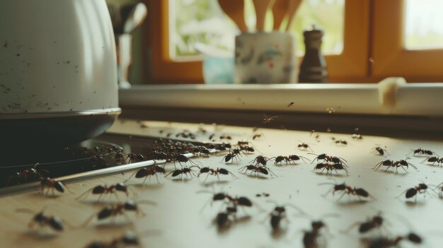 Photo a multitude of ants invading a sunny kitchen reflecting a serious pest problem and the urgent need for household cleaning