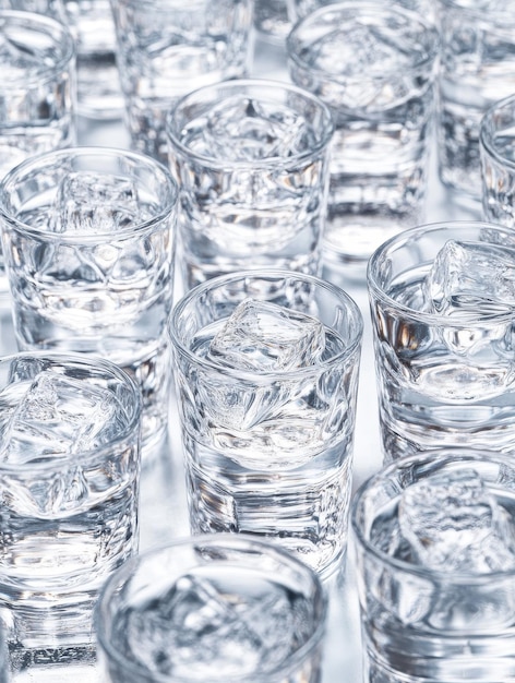 A multitude of chilled vodka shots arranged in a frosty pattern