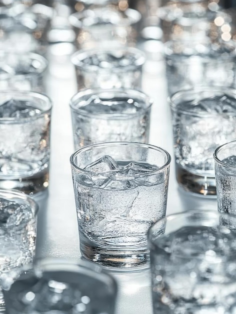 A multitude of chilled vodka shots arranged in a frosty pattern