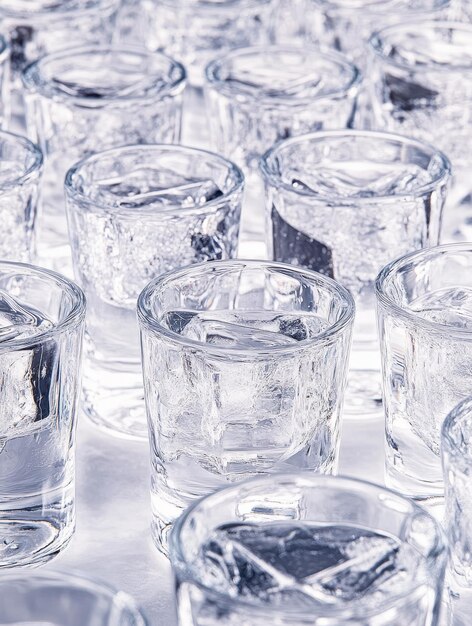 A multitude of chilled vodka shots arranged in a frosty pattern