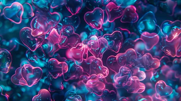 Photo multitude of neon hearts in pink purple and blue with glowing effect on dark background