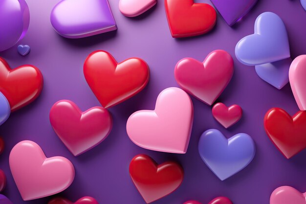 A multitude of threedimensional hearts in various shades of red pink and purple scattered across a purple background